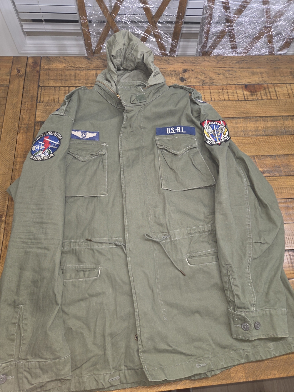 Ralph Lauren Hooded Olive Green Military Field Jacket with Patches